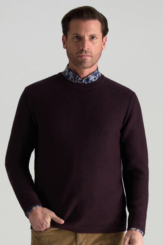 Merino Yünü Şerit Detaylı Bisiklet Yaka Bordo Triko Kazak