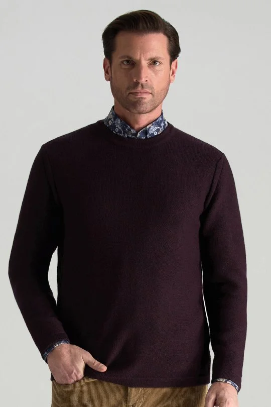 Hemington - Merino Yünü Şerit Detaylı Bisiklet Yaka Bordo Triko Kazak