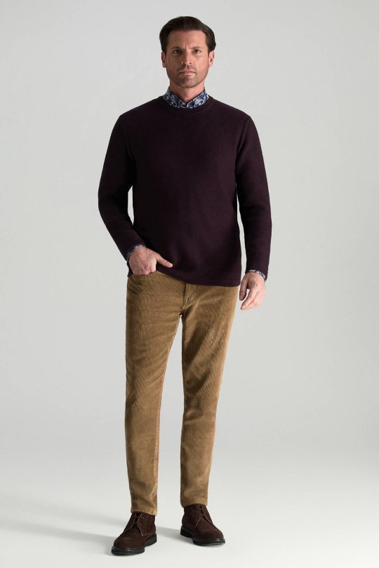 Merino Yünü Şerit Detaylı Bisiklet Yaka Bordo Triko Kazak