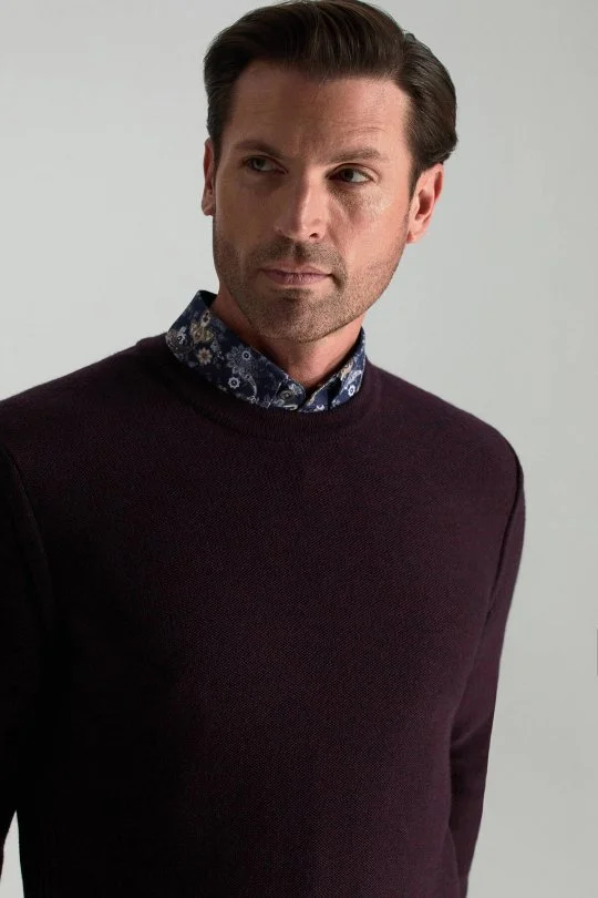 Hemington - Merino Yünü Şerit Detaylı Bisiklet Yaka Bordo Triko Kazak (3)