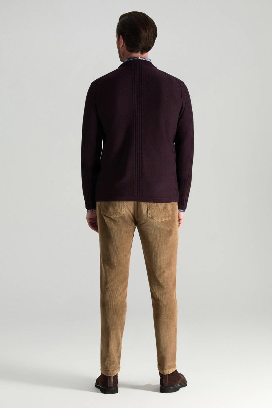 Merino Yünü Şerit Detaylı Bisiklet Yaka Bordo Triko Kazak