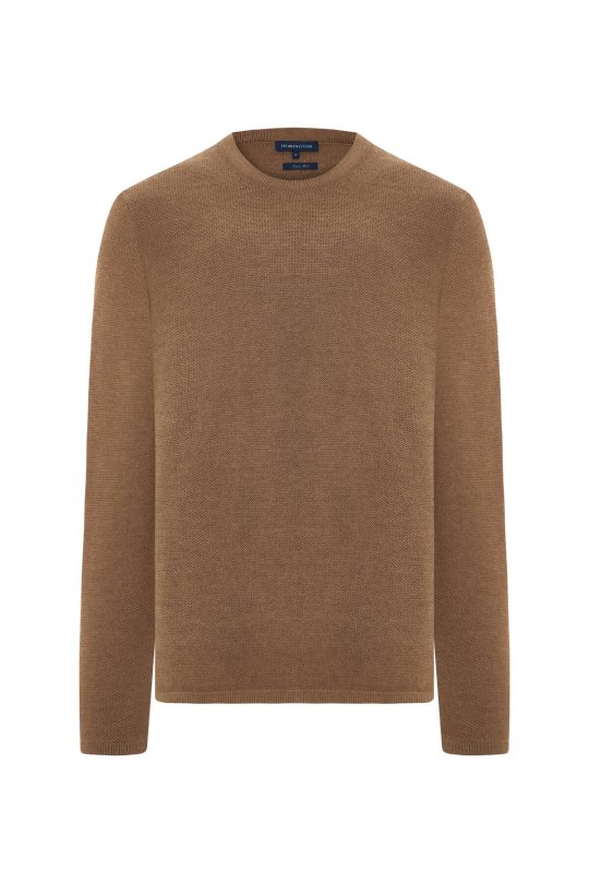 Merino Yünü Şerit Detaylı Bisiklet Yaka Camel Triko Kazak