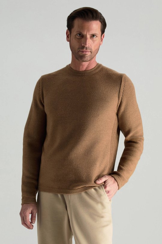 Merino Yünü Şerit Detaylı Bisiklet Yaka Camel Triko Kazak