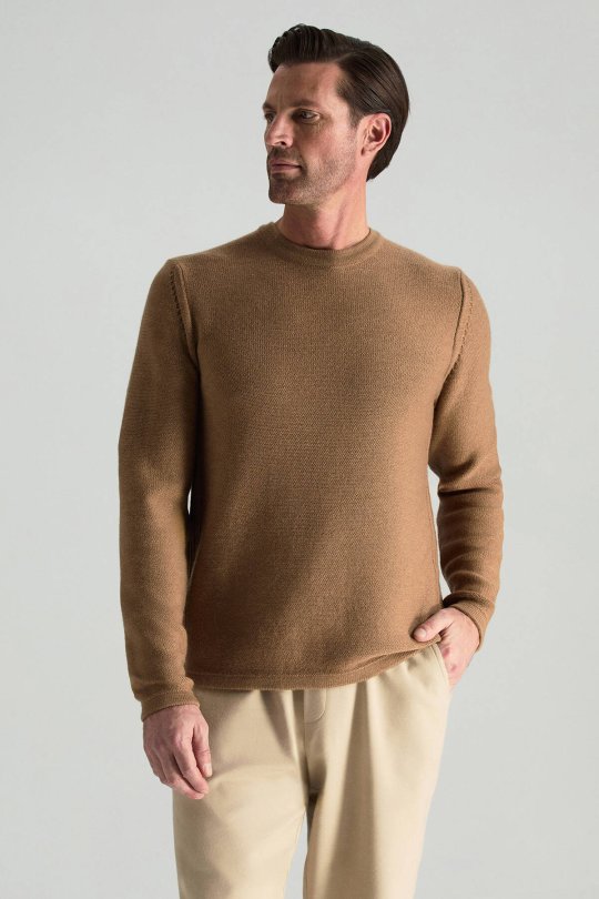 Merino Yünü Şerit Detaylı Bisiklet Yaka Camel Triko Kazak