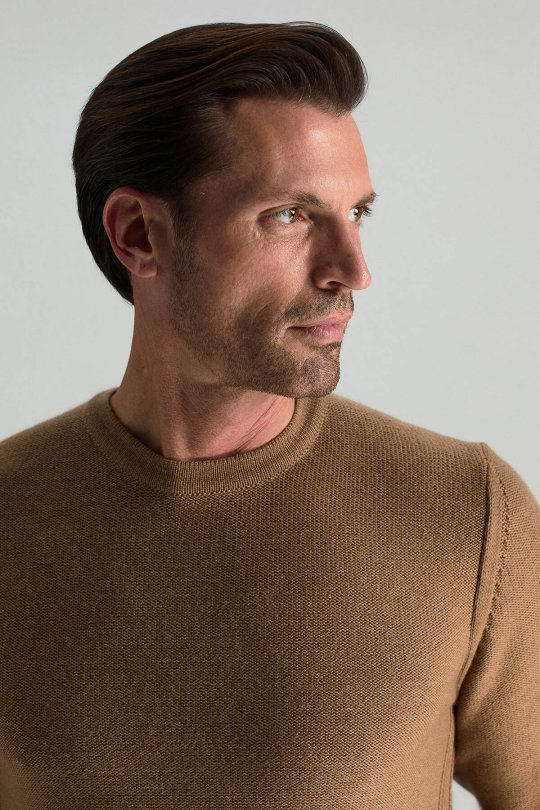 Merino Yünü Şerit Detaylı Bisiklet Yaka Camel Triko Kazak