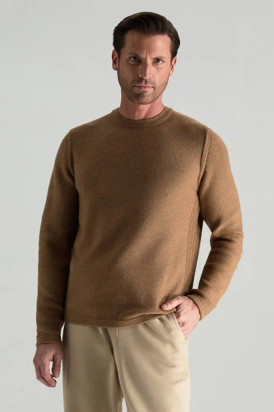 Hemington - Merino Yünü Şerit Detaylı Bisiklet Yaka Camel Triko Kazak (1)