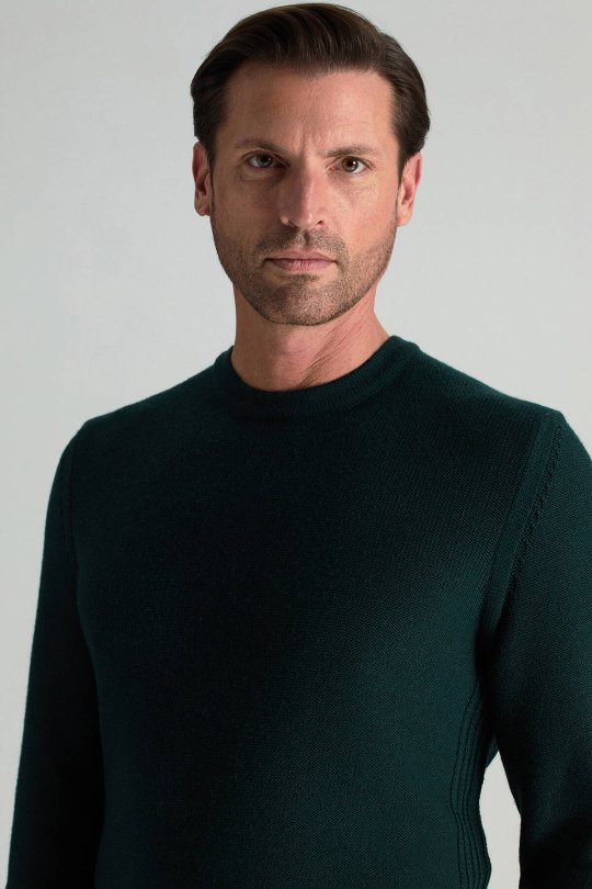 Merino Yünü Şerit Detaylı Bisiklet Yaka Koyu Yeşil Triko Kazak