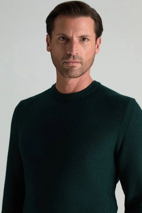 Hemington - Merino Yünü Şerit Detaylı Bisiklet Yaka Koyu Yeşil Triko Kazak (3)