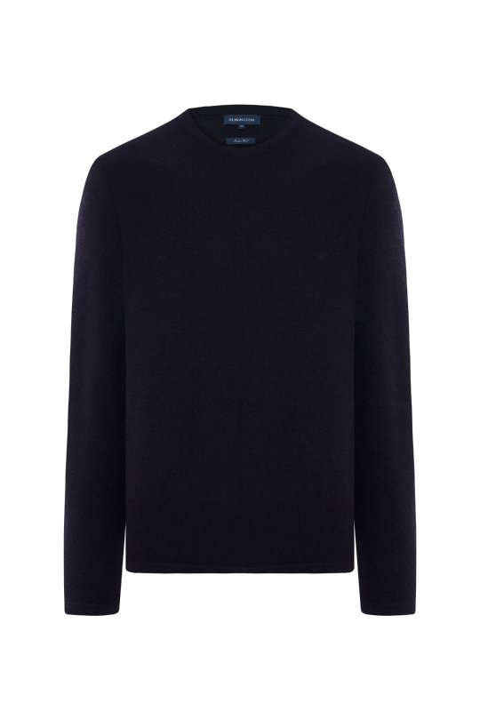 Merino Yünü Şerit Detaylı Bisiklet Yaka Lacivert Triko Kazak