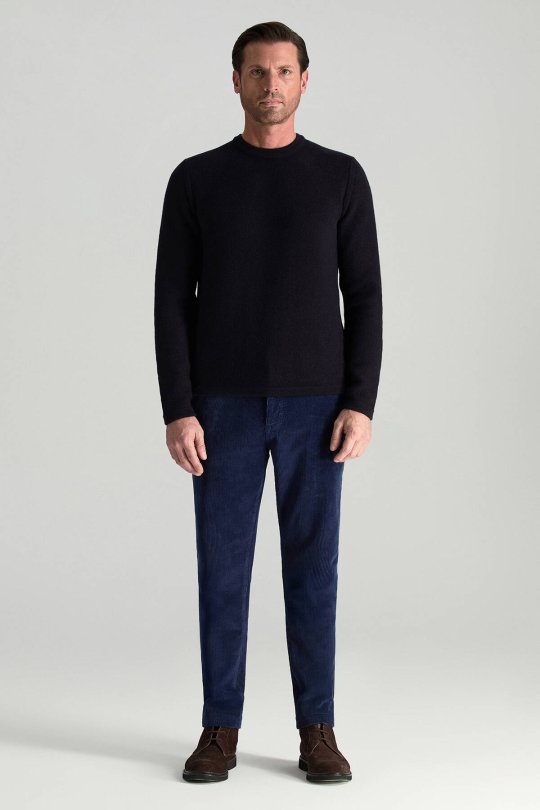 Merino Yünü Şerit Detaylı Bisiklet Yaka Lacivert Triko Kazak