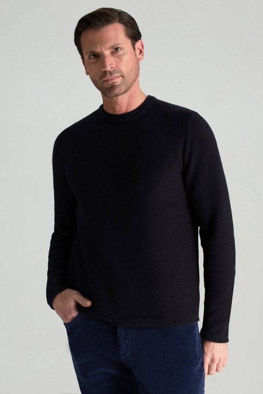 Merino Yünü Şerit Detaylı Bisiklet Yaka Lacivert Triko Kazak