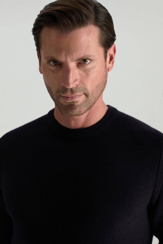 Merino Yünü Şerit Detaylı Bisiklet Yaka Lacivert Triko Kazak