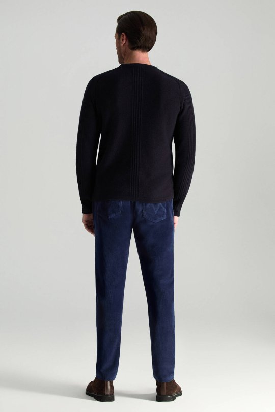 Merino Yünü Şerit Detaylı Bisiklet Yaka Lacivert Triko Kazak