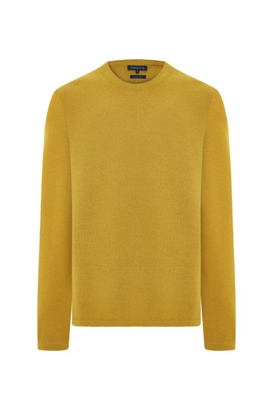 Merino Yünü Şerit Detaylı Bisiklet Yaka Sarı Triko Kazak