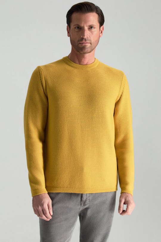 Merino Yünü Şerit Detaylı Bisiklet Yaka Sarı Triko Kazak