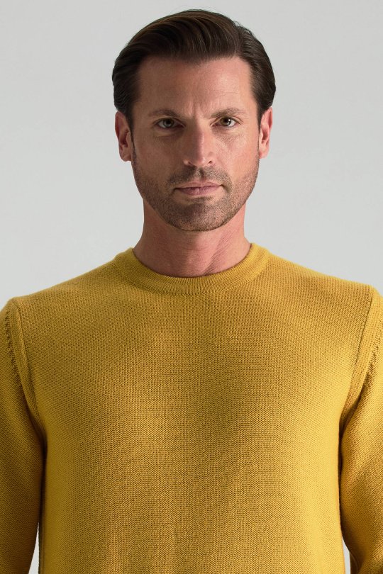 Merino Yünü Şerit Detaylı Bisiklet Yaka Sarı Triko Kazak