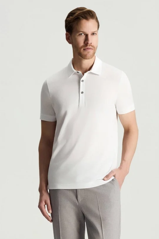 Merserize Pamuk Beyaz Polo Yaka T-Shirt