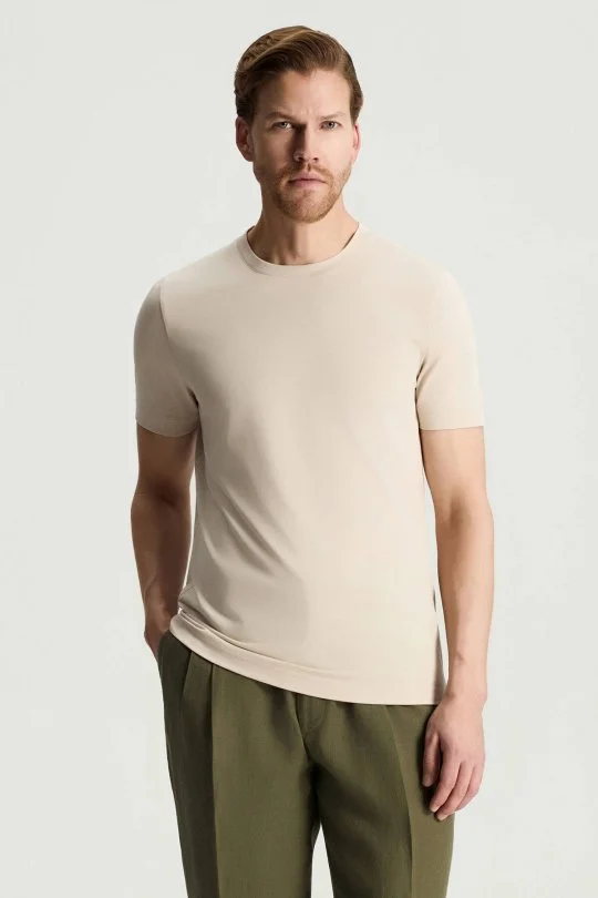 Merserize Pamuk Bisiklet Yaka Bej T-Shirt
