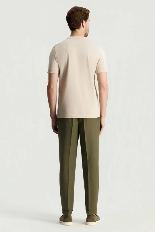 Merserize Pamuk Bisiklet Yaka Bej T-Shirt