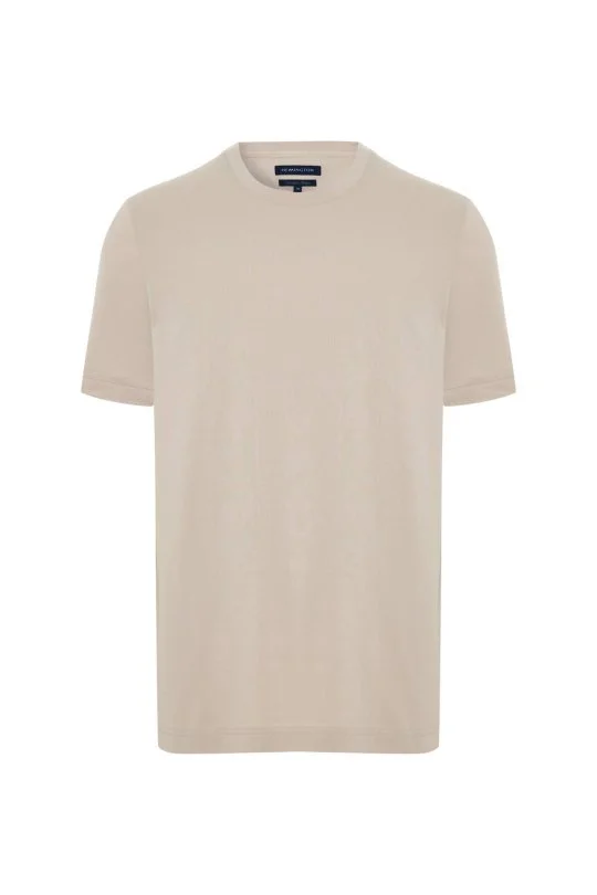 Merserize Pamuk Bisiklet Yaka Bej T-Shirt