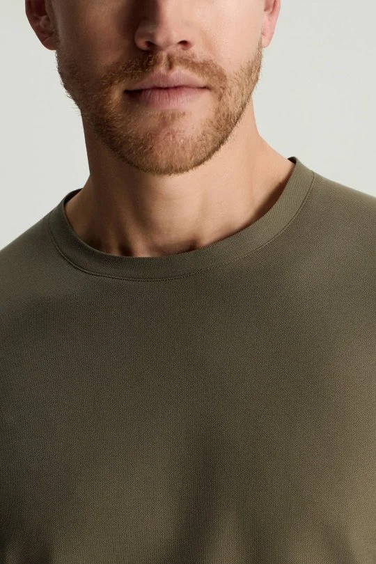 Merserize Pamuk Bisiklet Yaka Haki Basic T-Shirt