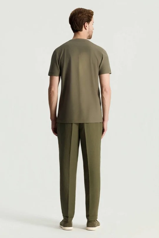 Merserize Pamuk Bisiklet Yaka Haki Basic T-Shirt