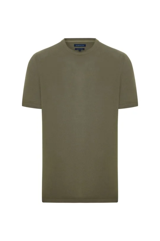 Merserize Pamuk Bisiklet Yaka Haki Basic T-Shirt