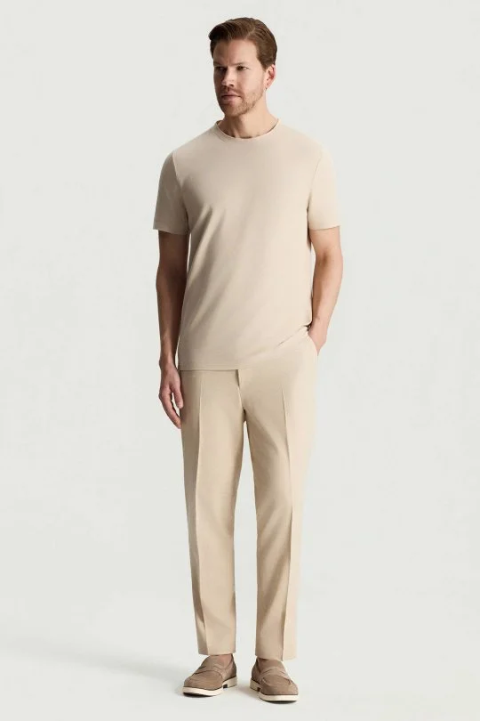 Merserize Pamuk Bisiklet Yaka Krem Basic T-Shirt