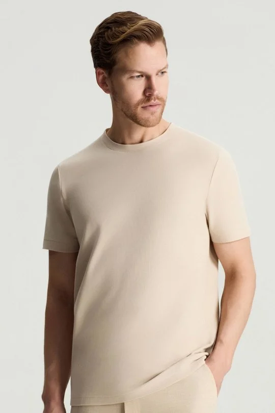 Merserize Pamuk Bisiklet Yaka Krem Basic T-Shirt