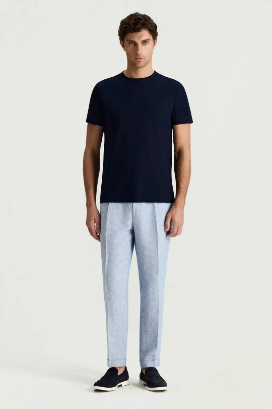 Merserize Pamuk Bisiklet Yaka Lacivert Basic T-Shirt