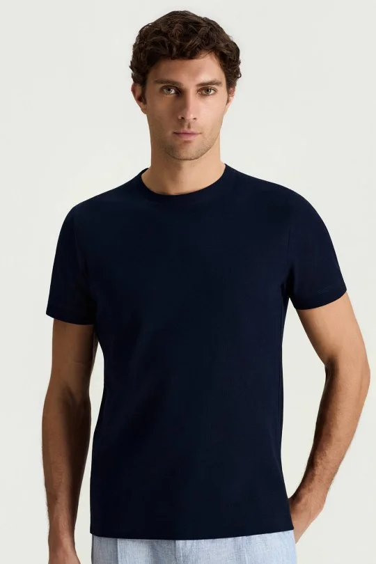 Merserize Pamuk Bisiklet Yaka Lacivert Basic T-Shirt