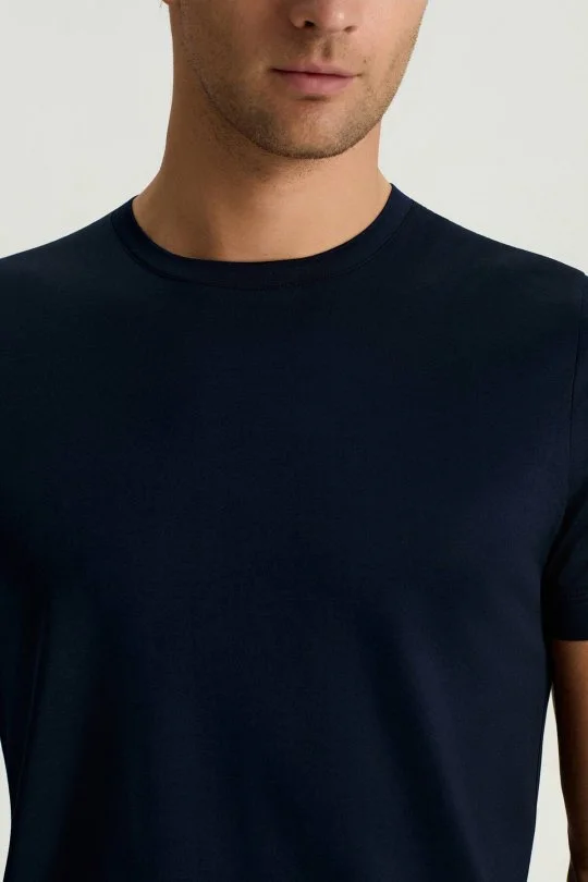 Merserize Pamuk Bisiklet Yaka Lacivert T-Shirt