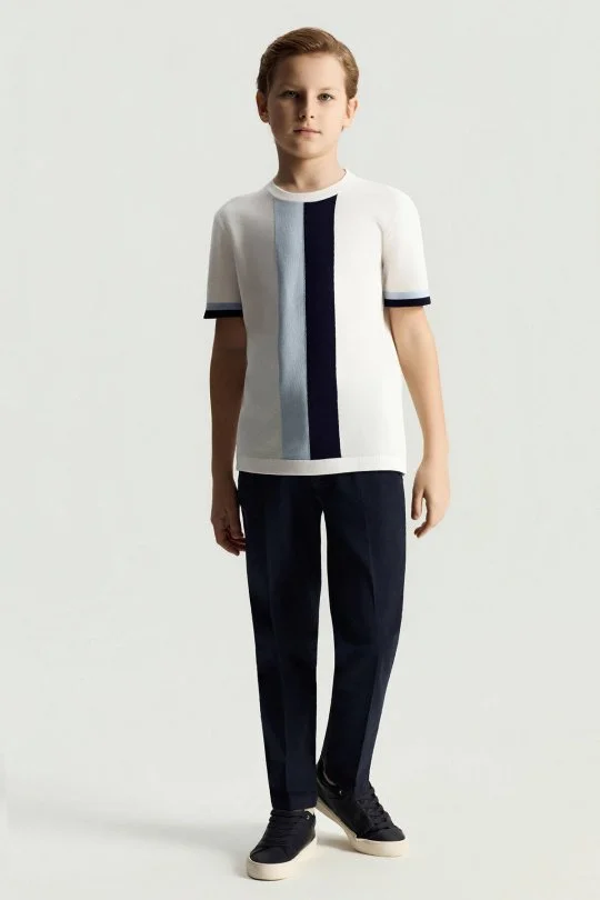 Merserize Pamuk Blok Detaylı Bisiklet Yaka Beyaz Çocuk Triko T-Shirt