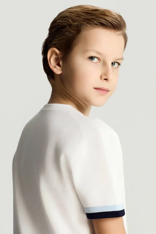 Merserize Pamuk Blok Detaylı Bisiklet Yaka Beyaz Çocuk Triko T-Shirt