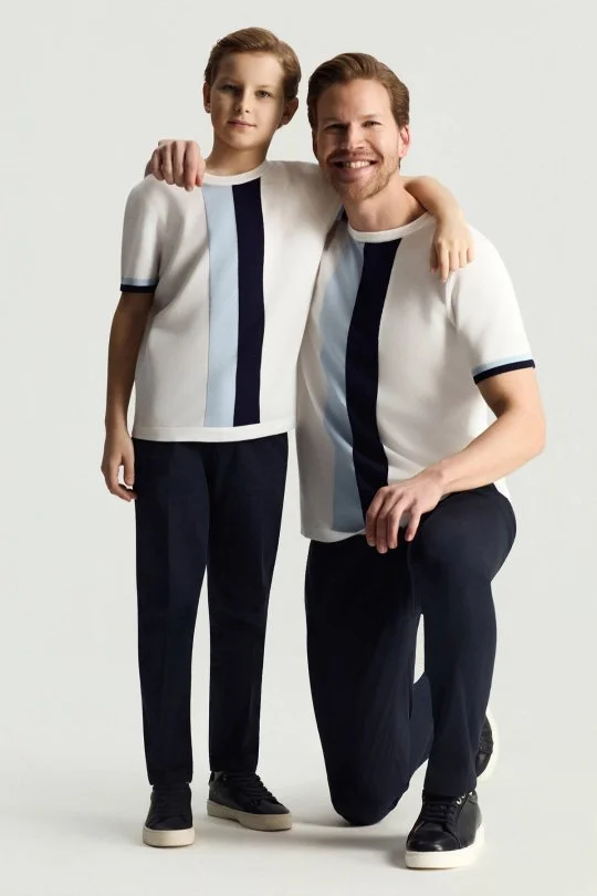 Merserize Pamuk Blok Detaylı Bisiklet Yaka Beyaz Çocuk Triko T-Shirt