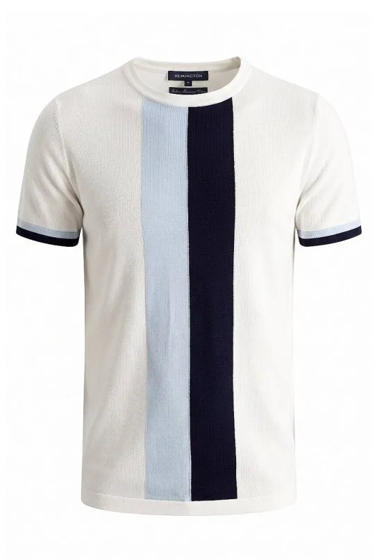Hemington - Merserize Pamuk Blok Detaylı Bisiklet Yaka Beyaz-Mavi Triko T-Shirt (6)