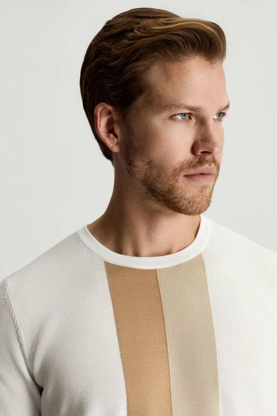 Hemington - Merserize Pamuk Blok Detaylı Bisiklet Yaka Krem Triko T-Shirt (2)