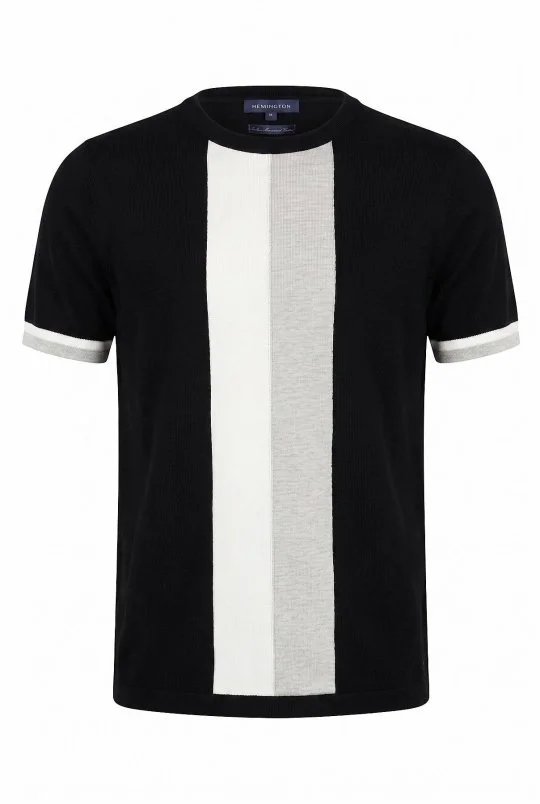Hemington - Merserize Pamuk Blok Detaylı Bisiklet Yaka Siyah-Gri Triko T-Shirt (6)