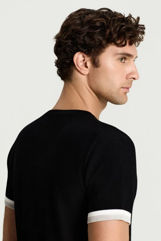 Hemington - Merserize Pamuk Blok Detaylı Bisiklet Yaka Siyah Triko T-Shirt (4)