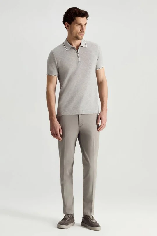 Merserize Pamuk Fermuar Detaylı Açık Gri Triko Polo