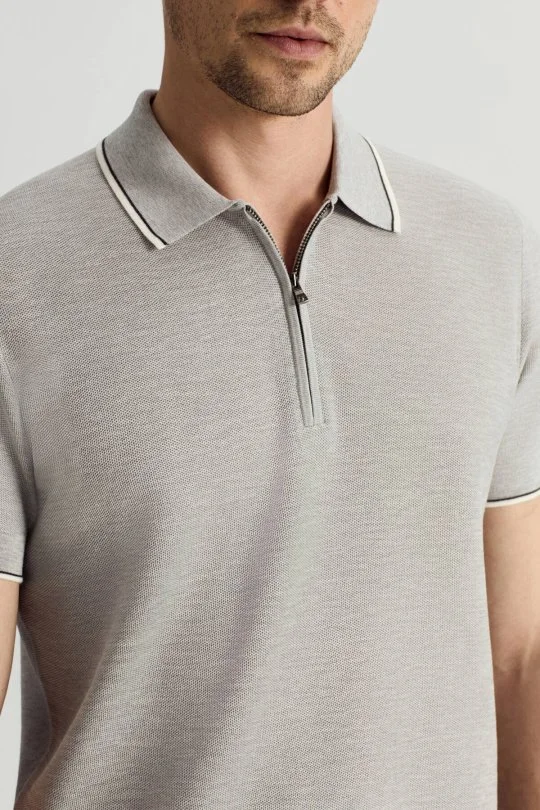 Merserize Pamuk Fermuar Detaylı Açık Gri Triko Polo