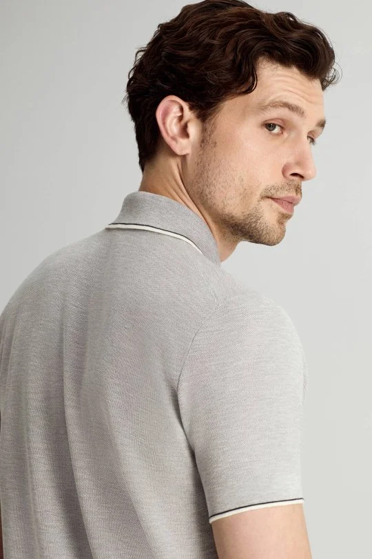 Merserize Pamuk Fermuar Detaylı Açık Gri Triko Polo