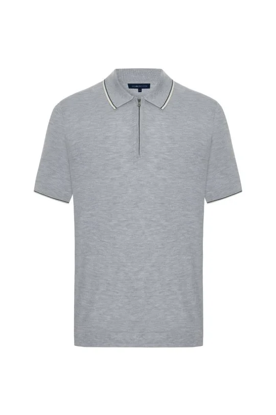 Merserize Pamuk Fermuar Detaylı Açık Gri Triko Polo