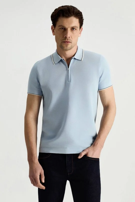 Hemington - Merserize Pamuk Fermuar Detaylı Açık Mavi Triko Polo (1)