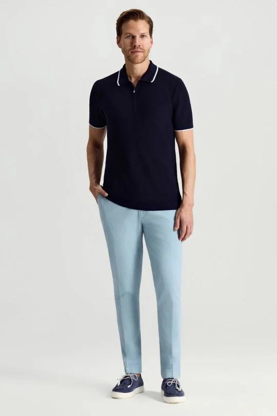 Merserize Pamuk Fermuar Detaylı Lacivert Triko Polo