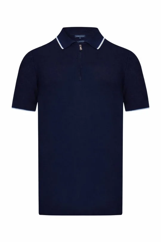 Merserize Pamuk Fermuar Detaylı Lacivert Triko Polo