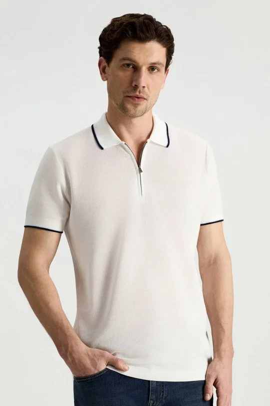 Hemington - Merserize Pamuk Fermuar Yaka Beyaz Triko Polo (1)