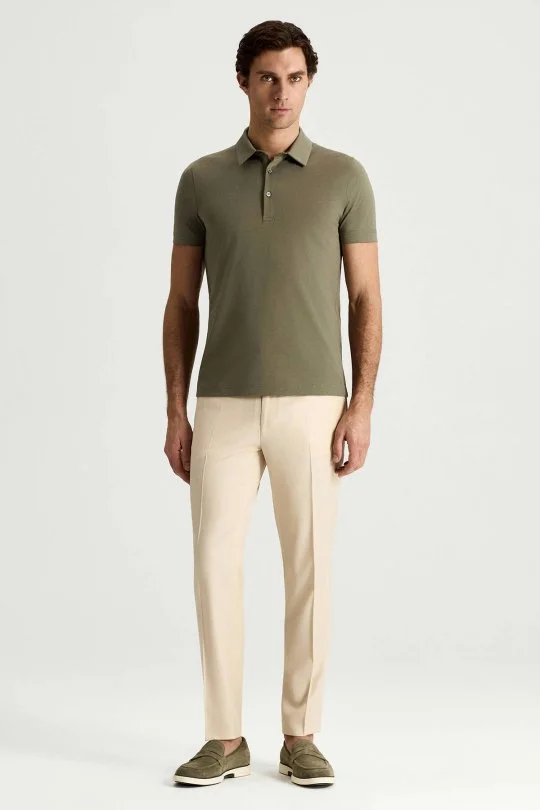 Merserize Pamuk Haki Polo Yaka T-Shirt