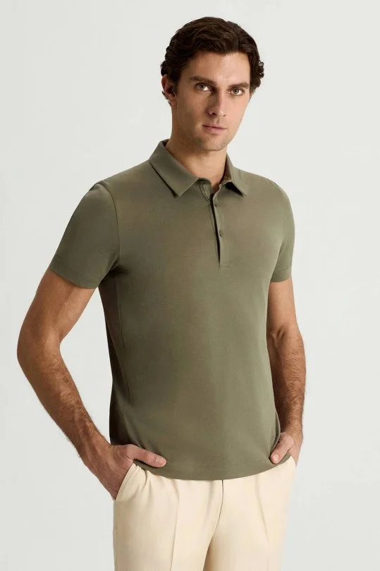 Merserize Pamuk Haki Polo Yaka T-Shirt