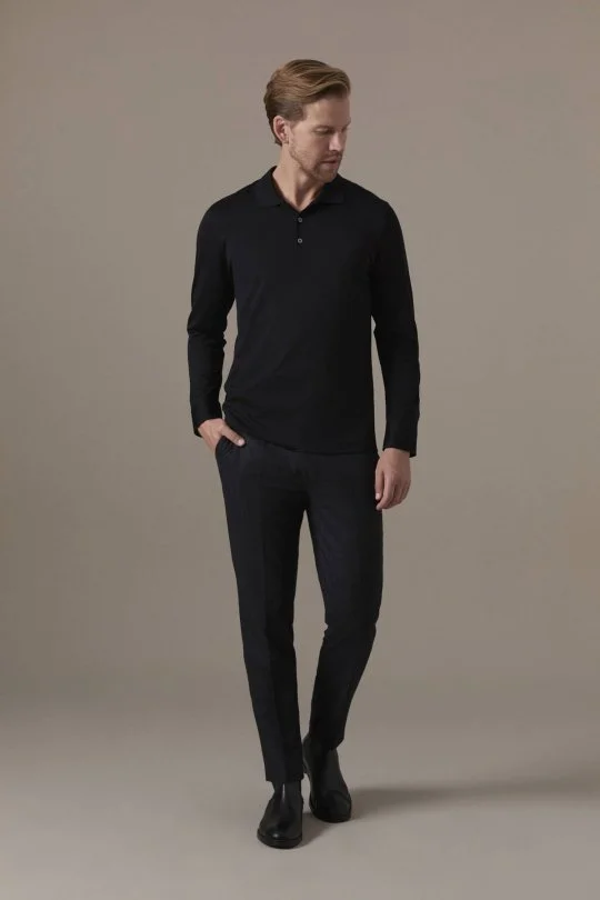Merserize Pamuk Siyah Uzun Kollu Polo T-Shirt